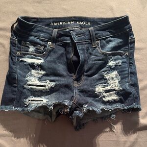 American Eagle Outfitters Dark Blue Distressed Hi-Rise Shortie Jean Shorts